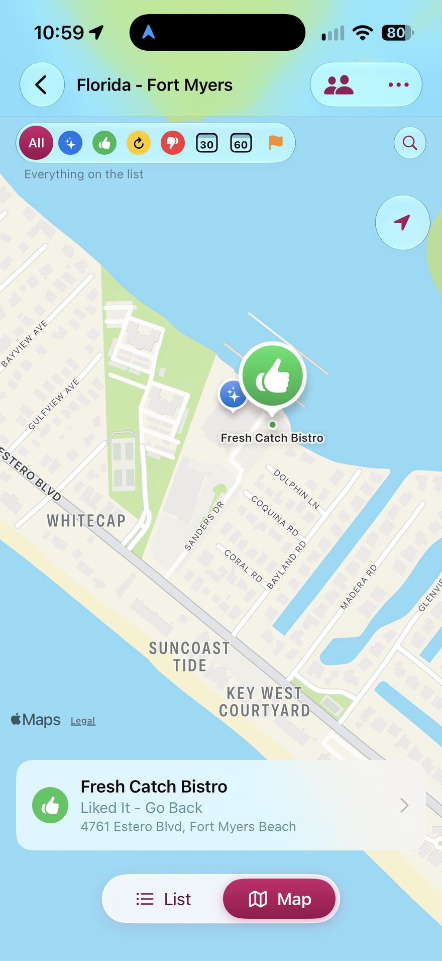 Map zoomed in on Fresh Catch Bistro on Fort Myers Beach, marked Liked It - Go Back