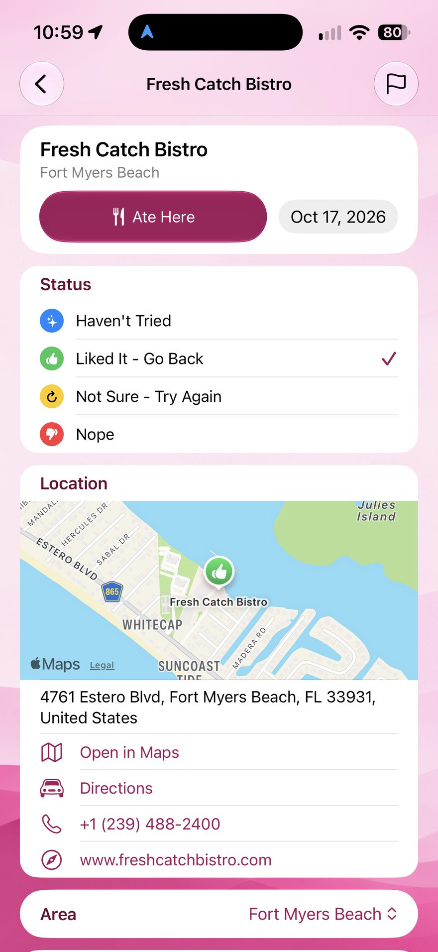 Restaurant detail for Fresh Catch Bistro with an Ate Here button, status options, map, address, phone and website